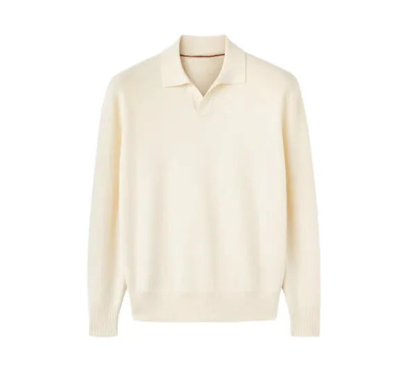 Men's loose-fit lapel-collar wool sweater in navy blue, laid flat showing front design.