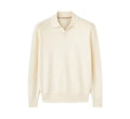 Men's loose-fit lapel-collar wool sweater in navy blue, laid flat showing front design.