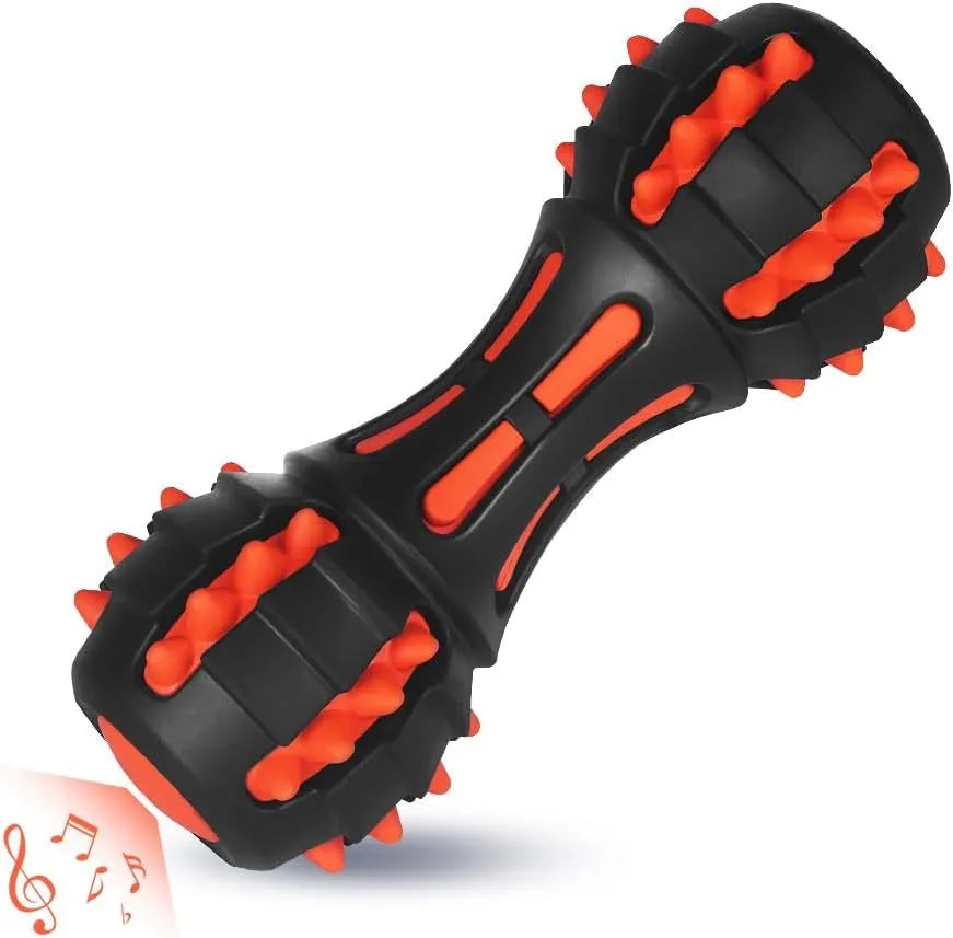 Red rubber dumbbell-shaped dog chew toy for aggressive chewers with measurements shown