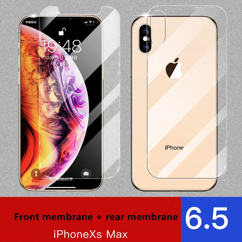 Tempered glass screen and rear camera protectors for Apple iPhone models on a white background.