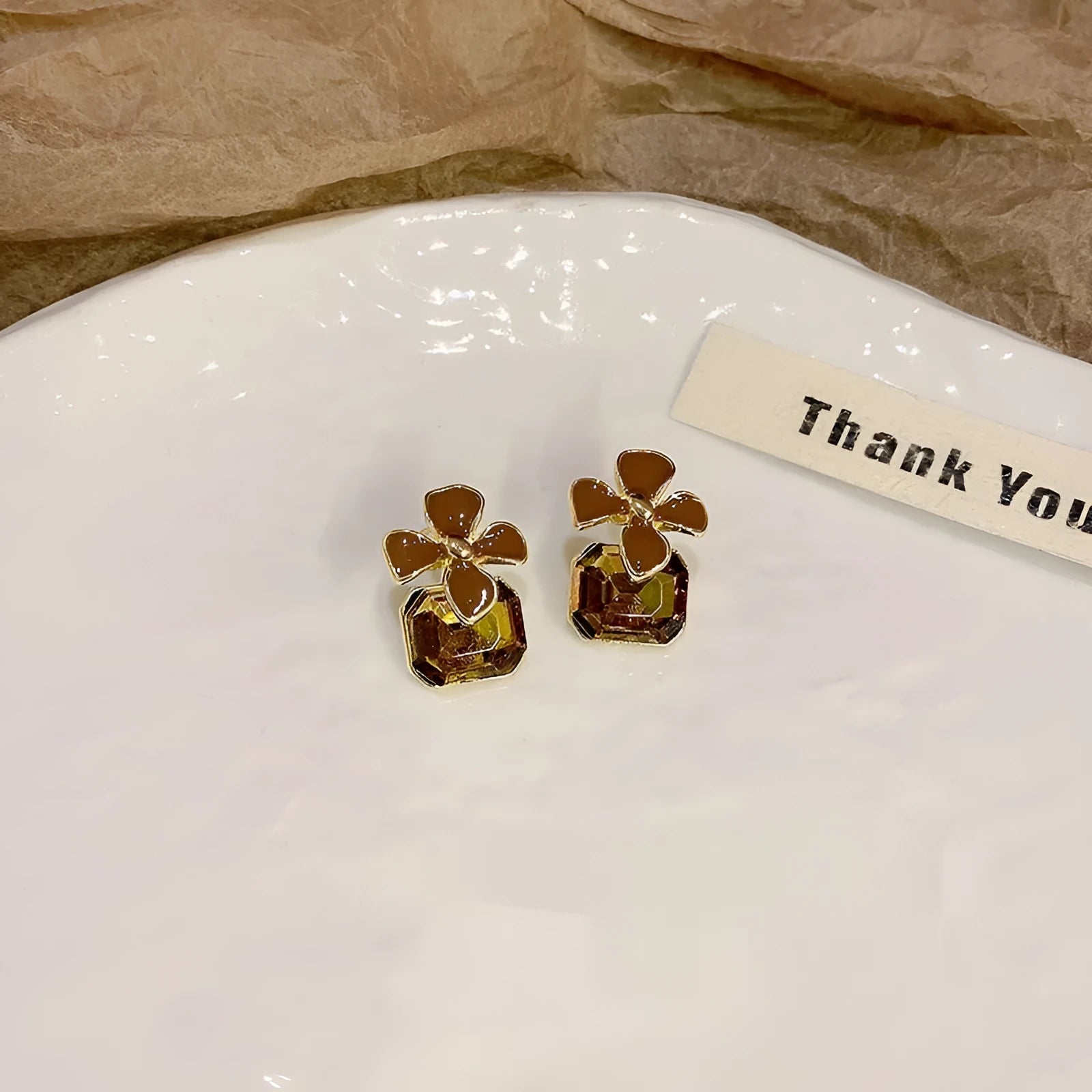 Gold electroplated alloy flower earrings with coffee colour floral motif for women