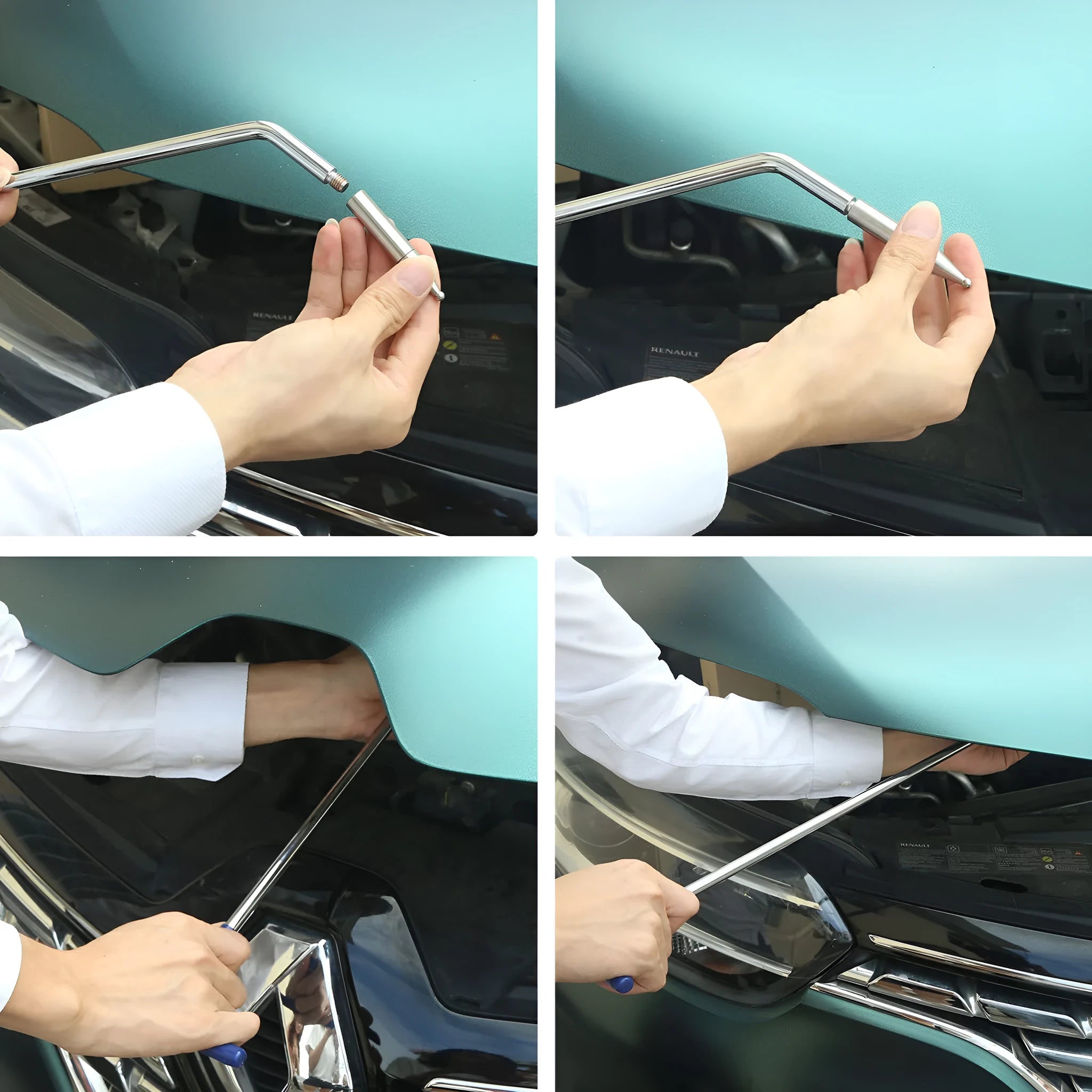 Three-piece alloy steel car dent repair tool set with hook crowbar on a workshop bench