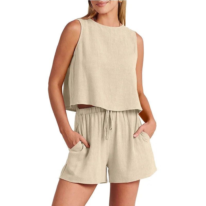 Women's two-piece summer set with sleeveless top and drawstring shorts in rayon linen blend available in multiple colours