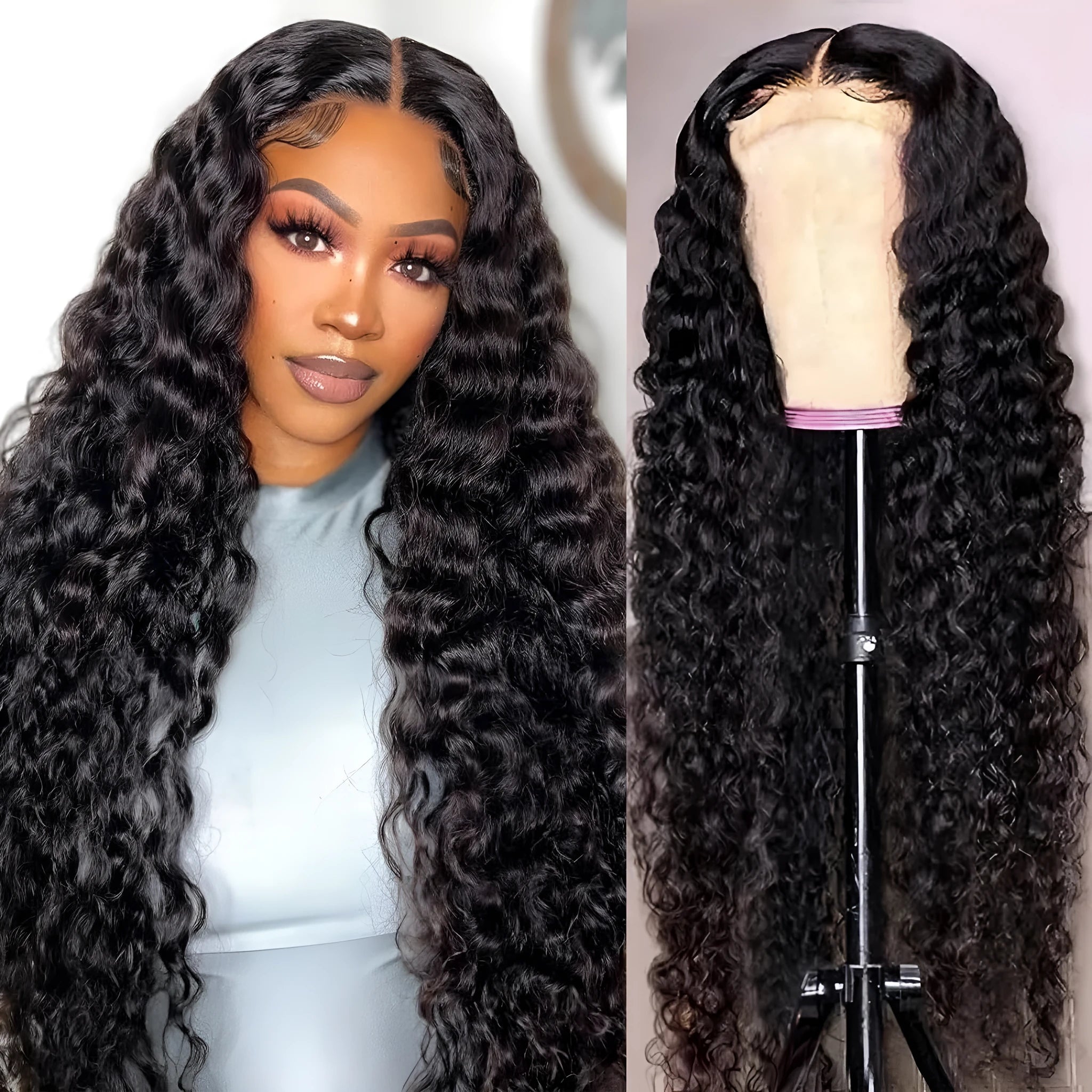 Front lace human hair wig deep wave hand-woven natural look