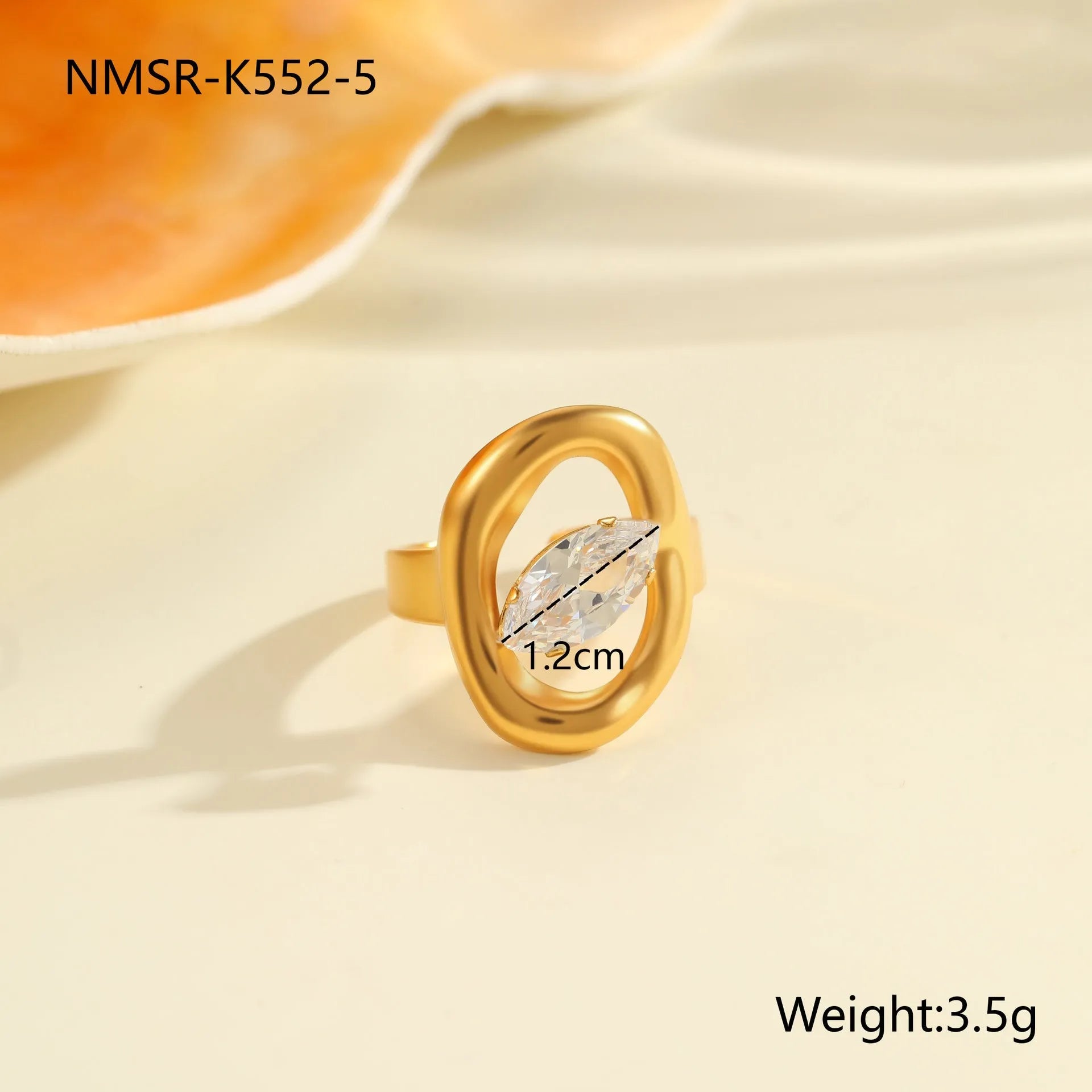 Geometric stainless steel zircon ring with open mouth design showing round, oval and quadrangle elements