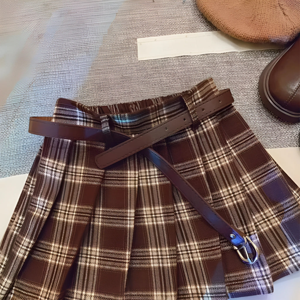 Girls red and black plaid pleated A-line skirt with a cotton lining, shown on a hanger.