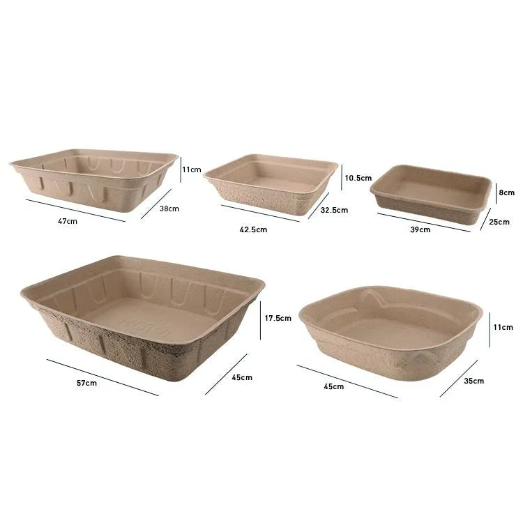 Brown biodegradable disposable cat litter box showing three size options.
