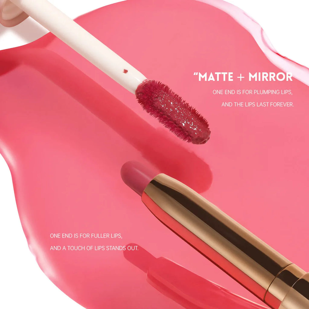 Double-headed lipstick showing matte and glossy finishes in one of 10 available colours