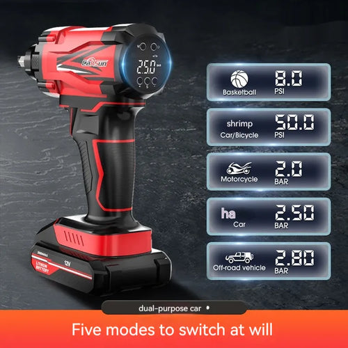 Red and black portable car wireless air pump with multiple nozzles and 3-metre power cable for tyre inflation