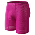 Men's solid colour lace boxers with a lengthened hip-lifting shaping design on a size chart.