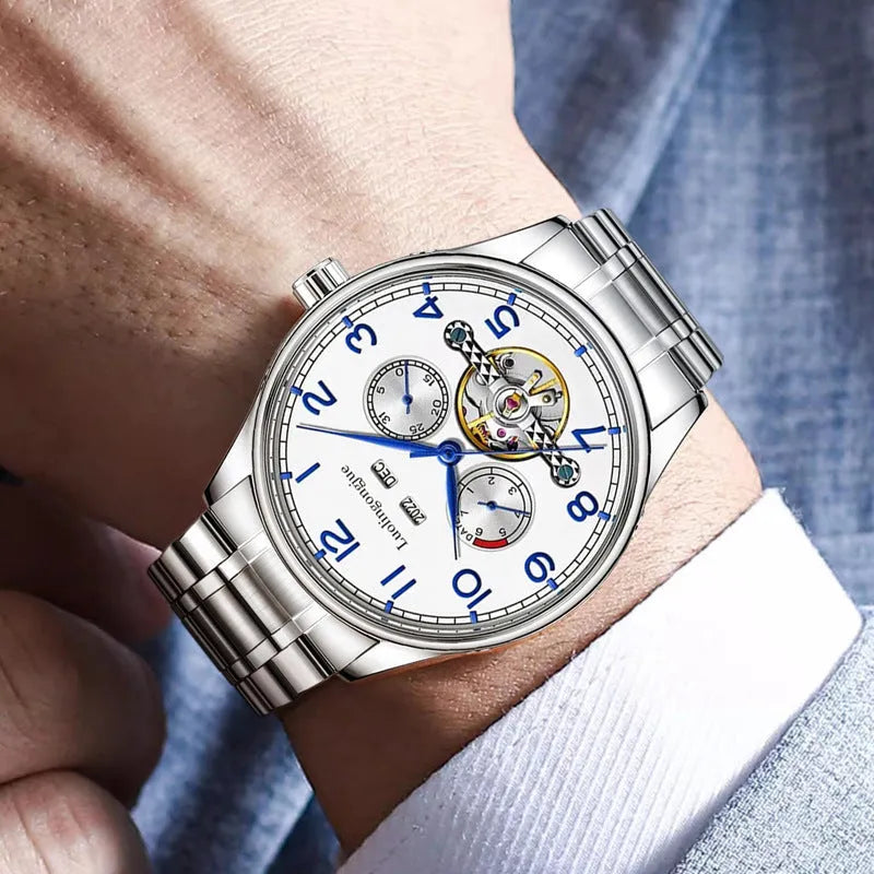 Men's stainless steel mechanical watch with sapphire crystal and leather strap for business wear