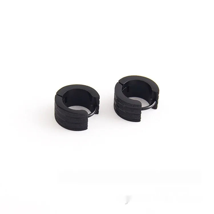 Korean style titanium steel earrings with three-line frosted geometry design in black, gold, or steel colour