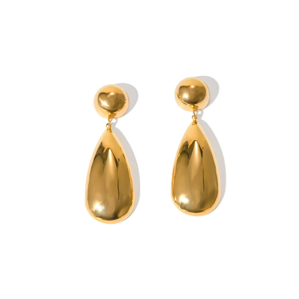 Gold stainless steel water drop pendant earrings with geometric hemisphere design for women
