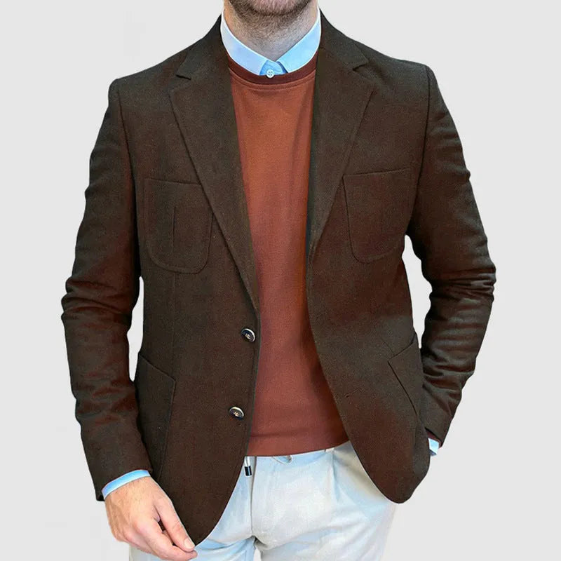 Men's loose-fit cotton retro suit jacket in army green on a hanger