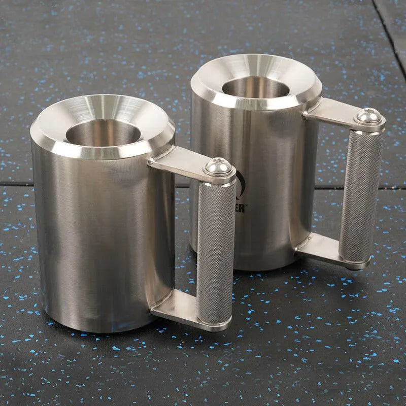 Silver 8kg stainless steel dumbbell cup weight on a grey background