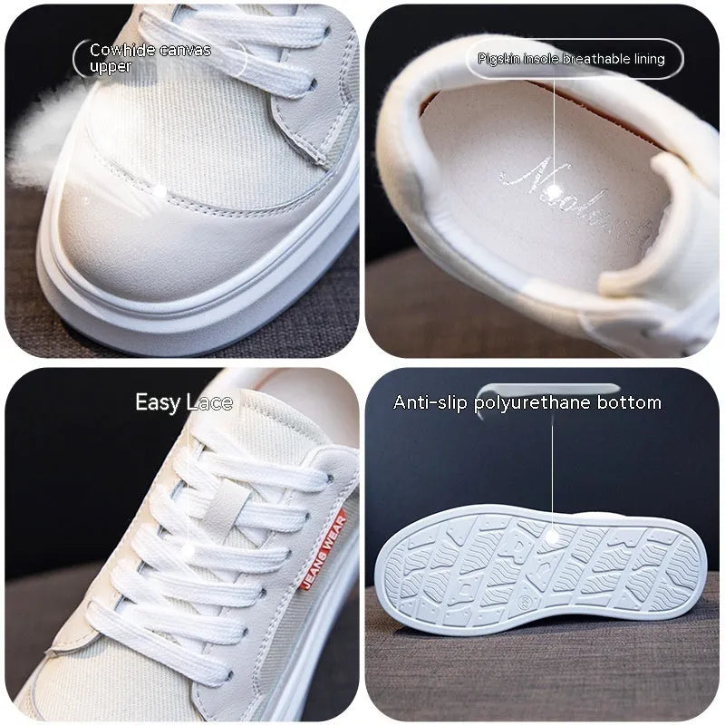 Women's beige leather platform shoes with thick soles for height increase