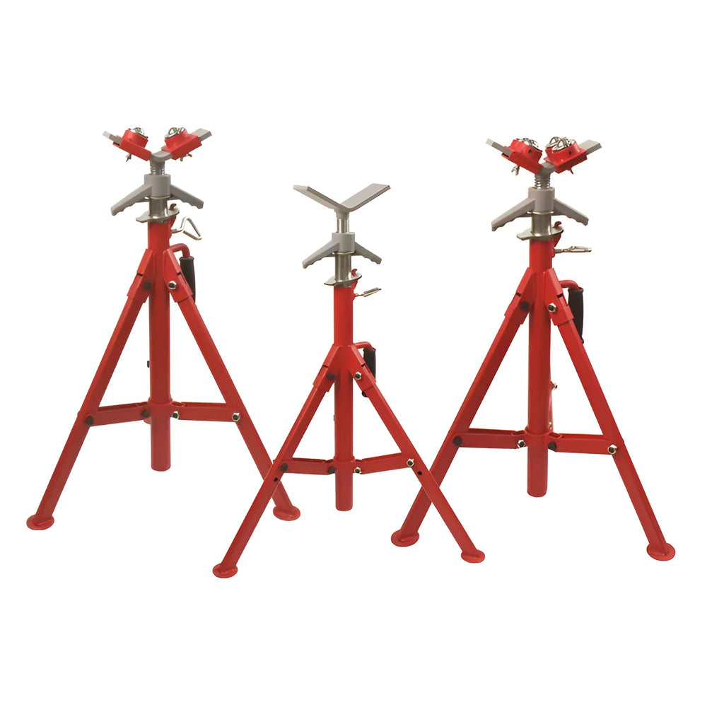 Metal V-head pipe support bracket with ball fittings for steel pipe.