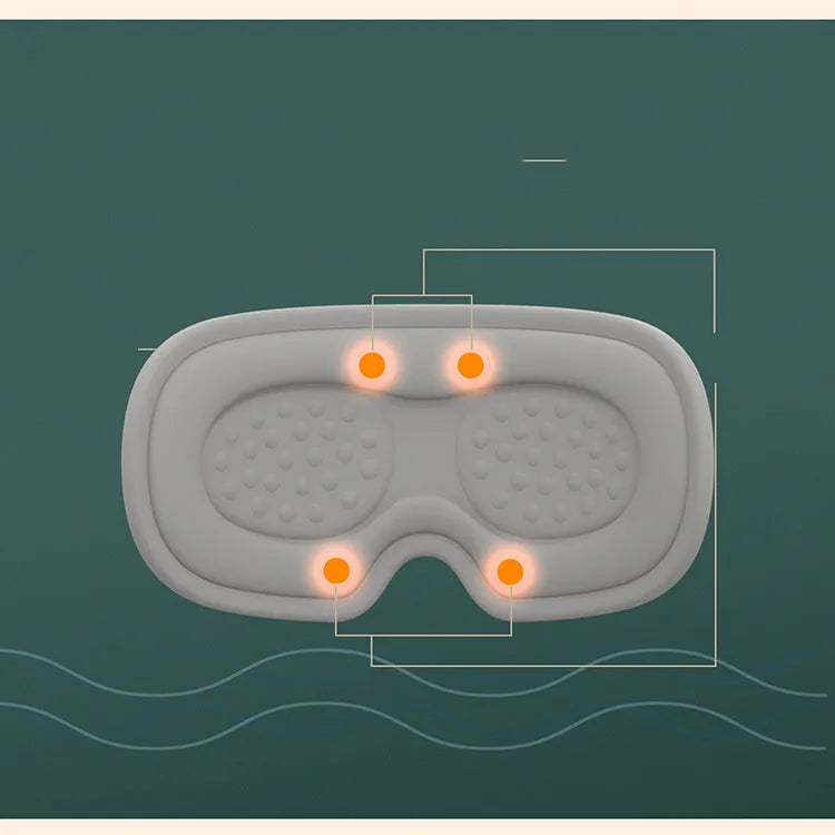 Pink and green portable eye SPA massage goggles showing USB port and suede exterior.