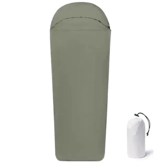 Blue mummy-type nylon camping sleeping bag for adults, laid out flat showing its tapered shape.