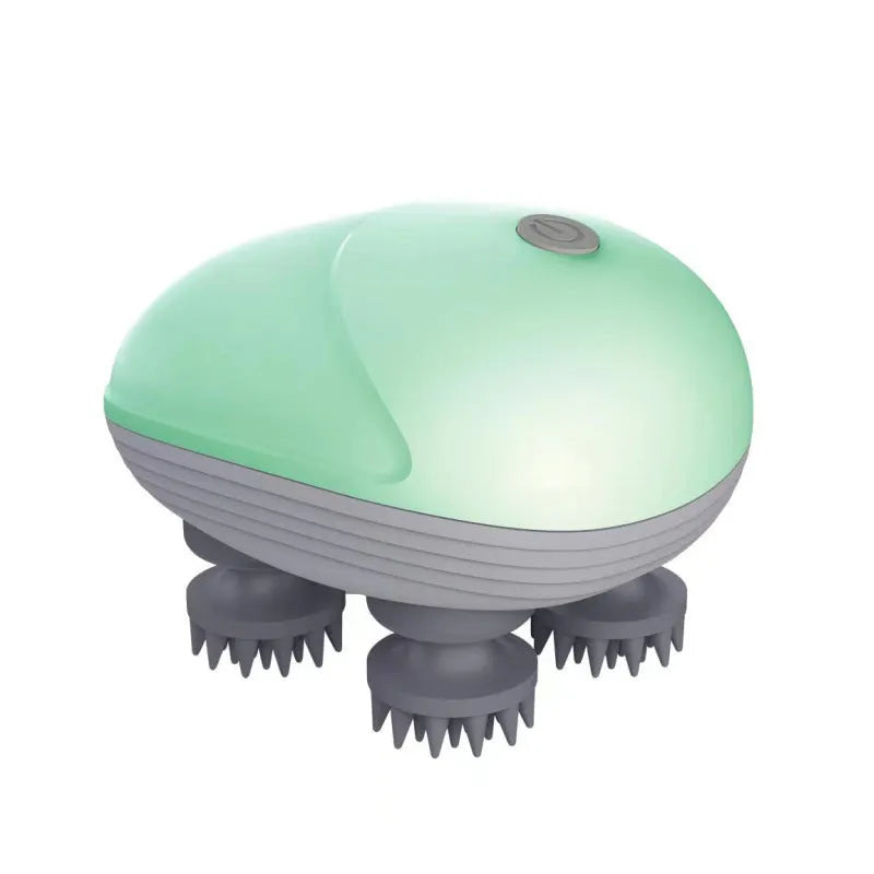 Blue handheld electric pet massager with four rotating heads for cats and dogs on a grey background.