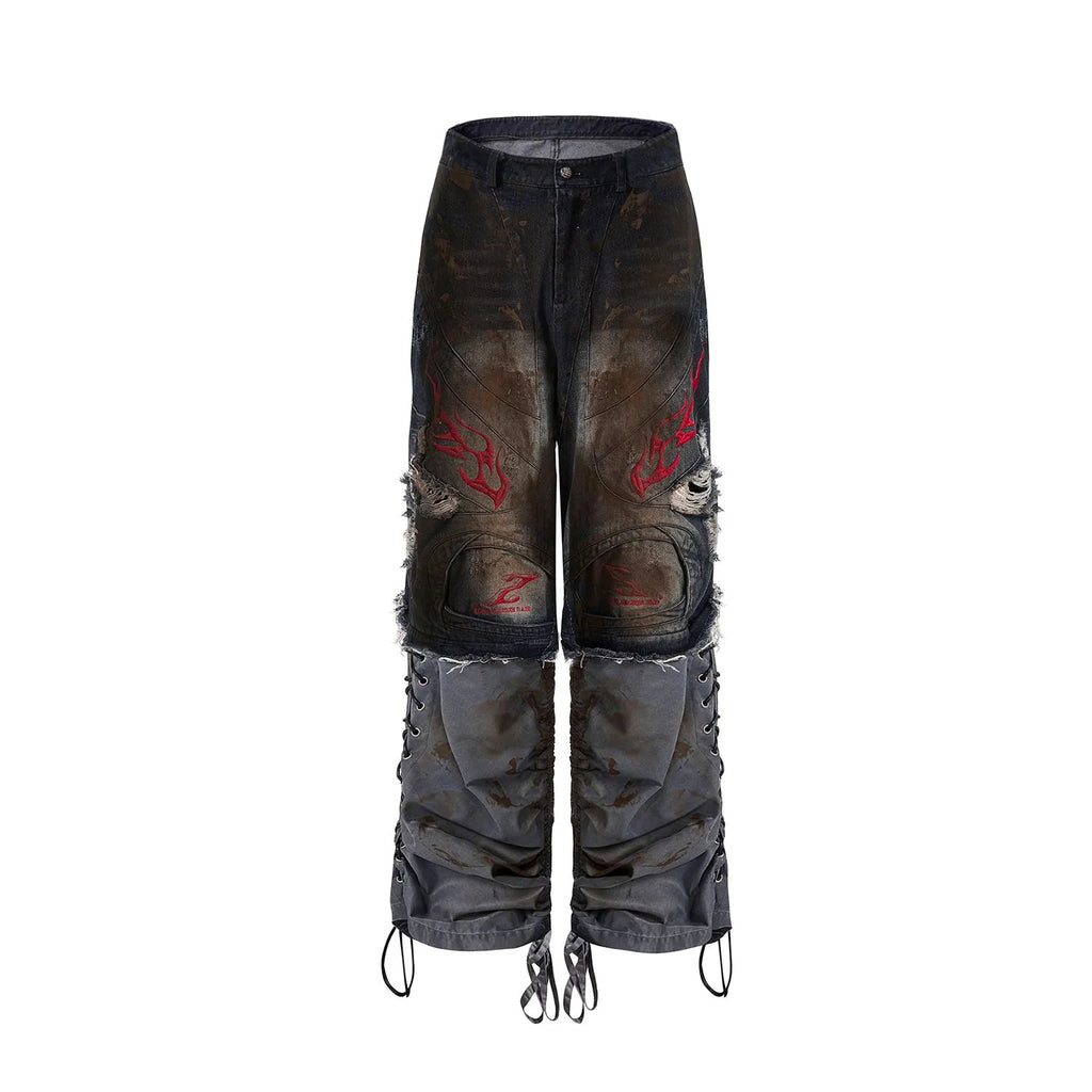 Men's retro jeans with detachable legs showing mid-high waist and loose fit wide-leg design
