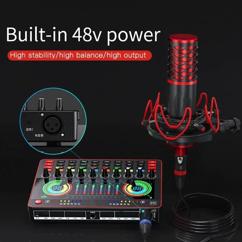 G4 professional sound card mixer with colourful LCD display, connected microphone, and included cables and remote control.