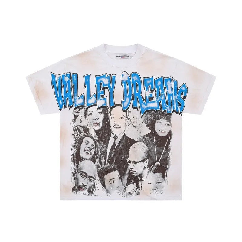 Cotton retro figure printed loose short sleeve pullover in black with washed-out distressed finish