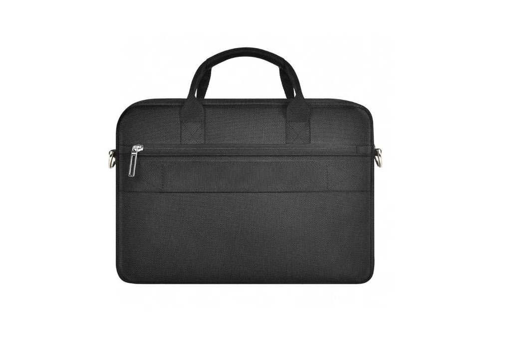 Black Oxford cloth laptop backpack showing multiple pockets, a lock, and padded laptop compartment.