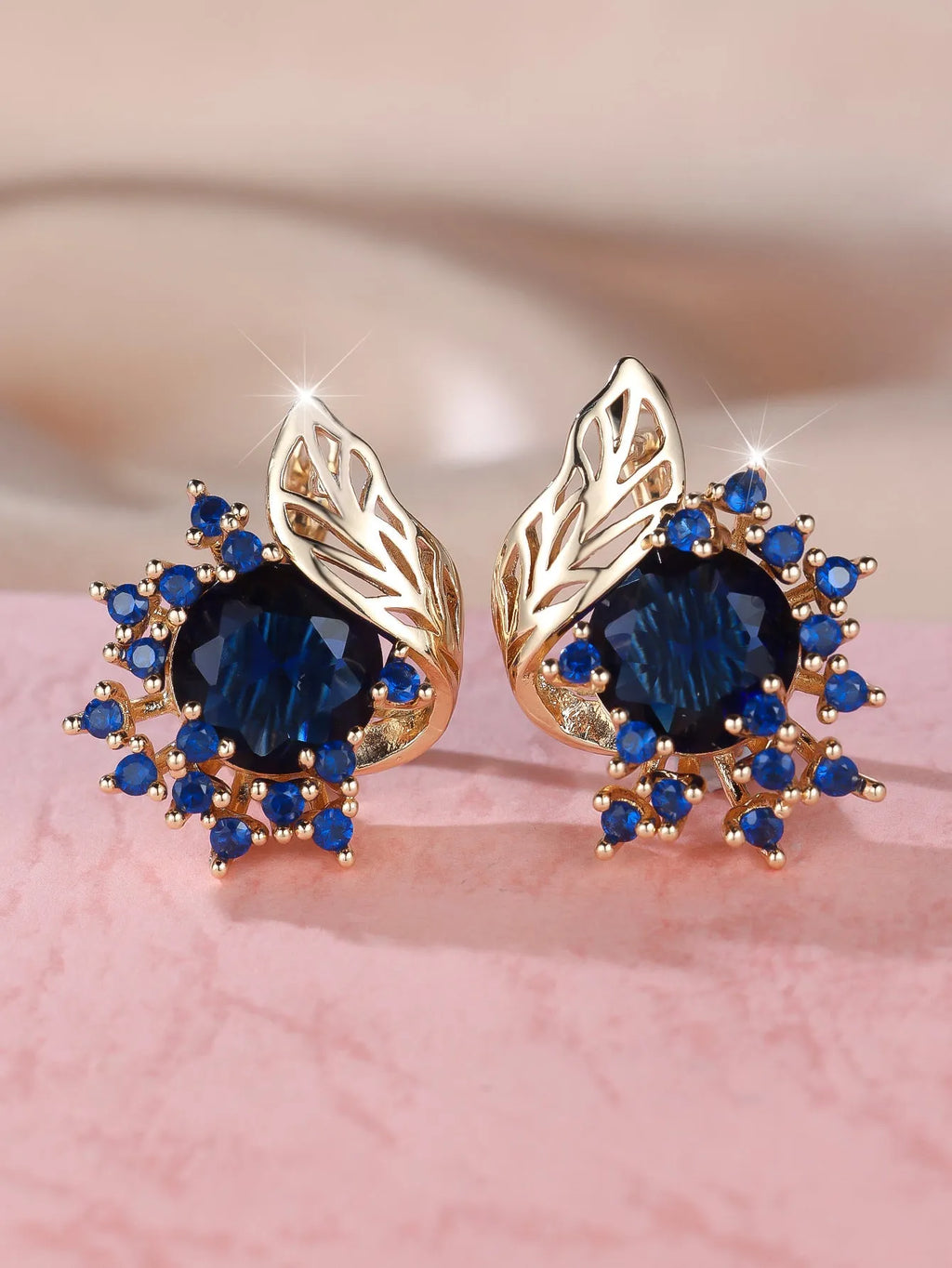 Women's round flowers feather zircon earrings with champagne gold electroplating and six gemstone colour options