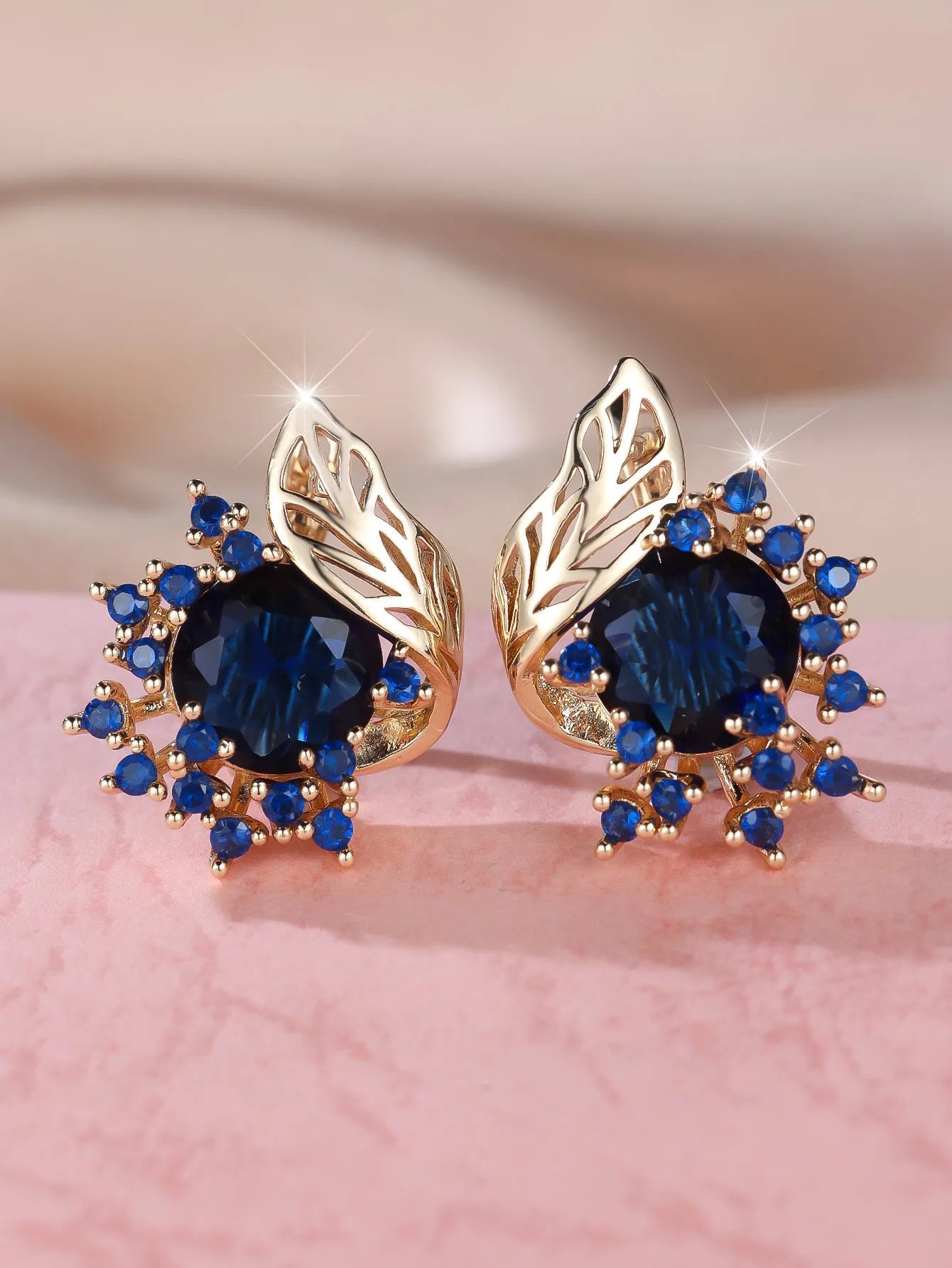 Women's round flowers feather zircon earrings with champagne gold electroplating and six gemstone colour options