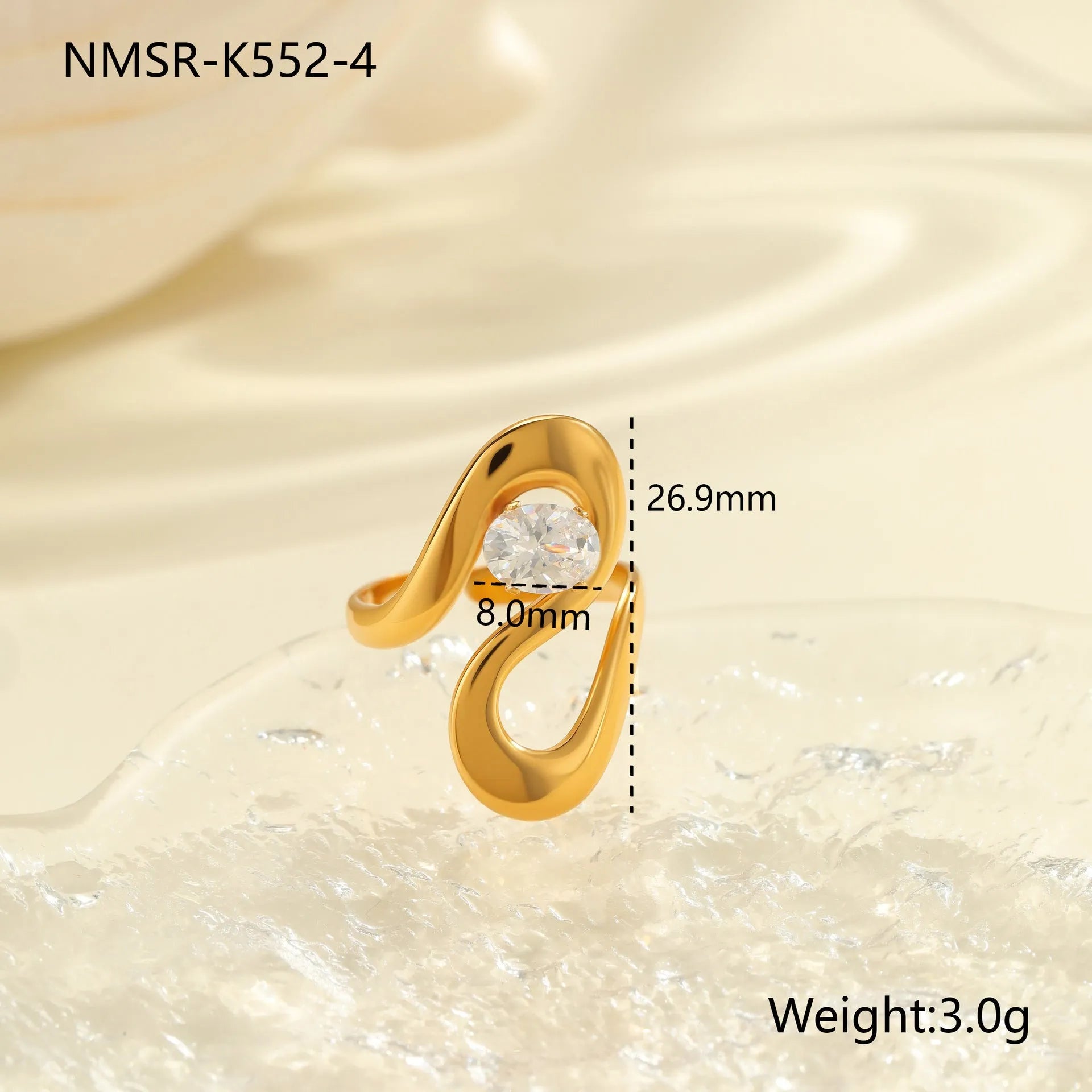 Geometric stainless steel zircon ring with open mouth design showing round, oval and quadrangle elements