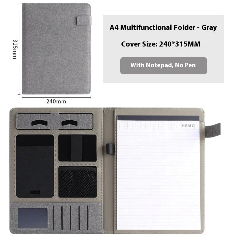 Black leather A4 business folder open to show document sleeve, pen loop, and notepad holder.