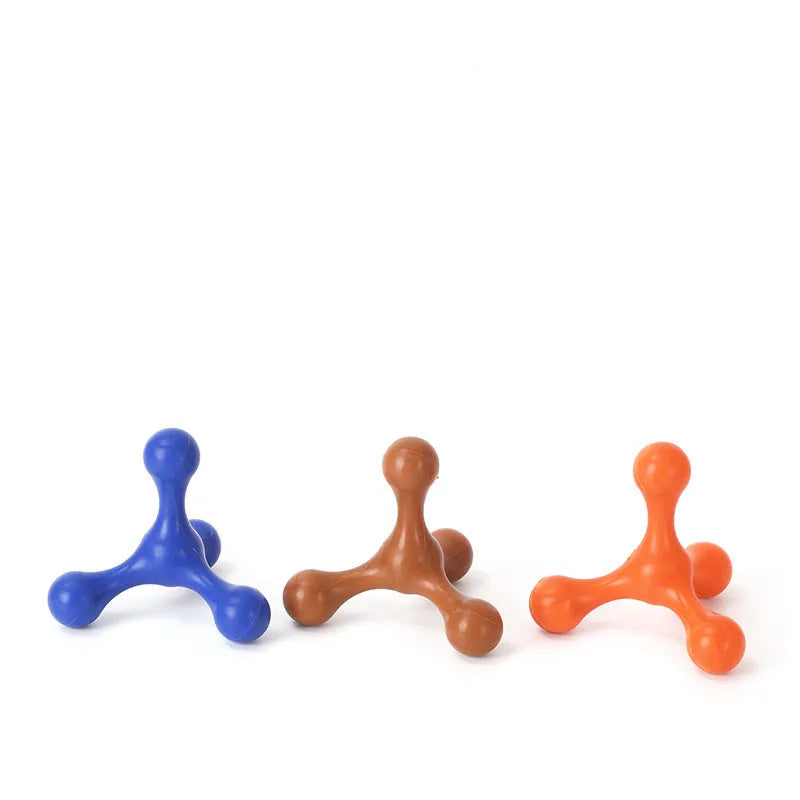 Beef-flavoured silicone three-leg chew toy for puppies in blue, green, purple, red, or red purple