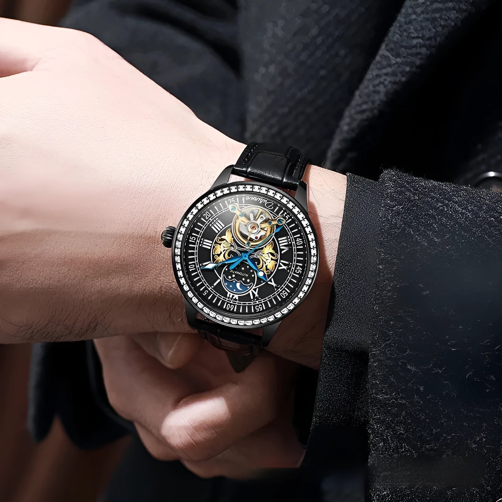 Men's stainless steel mechanical watch with transparent case back showing movement and butterfly buckle