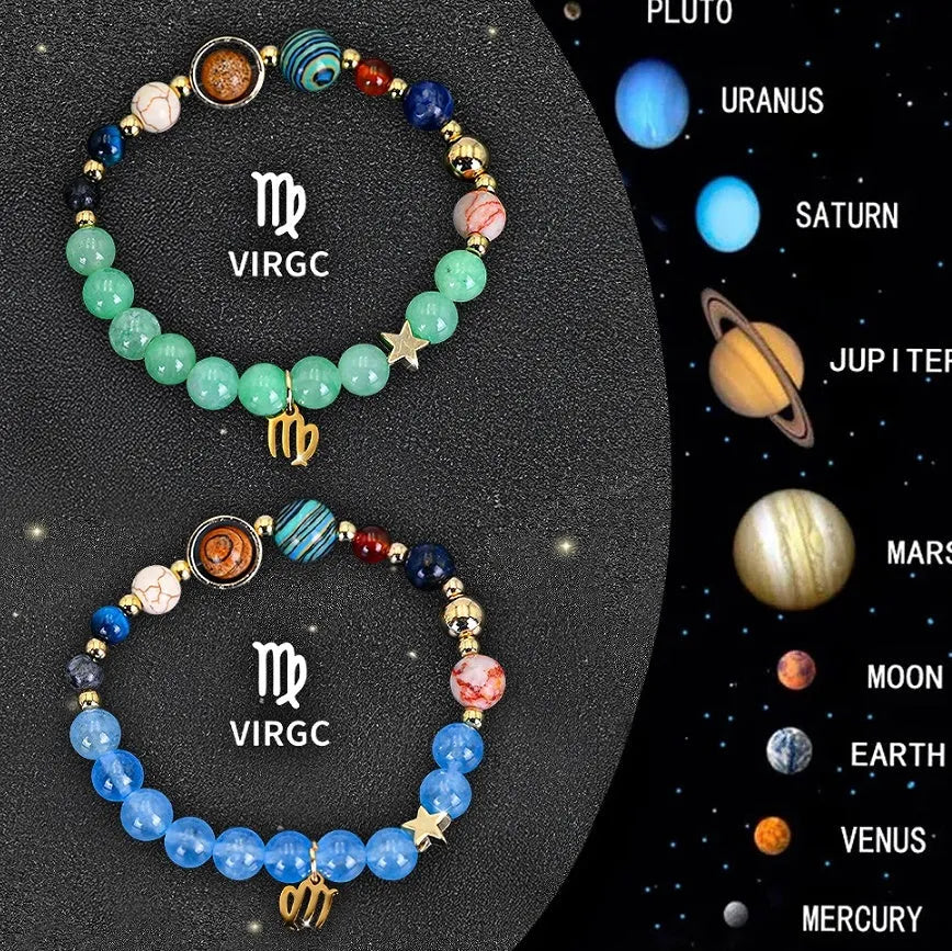 A pair of natural stone beaded bracelets from a twelve-piece zodiac sign collection.