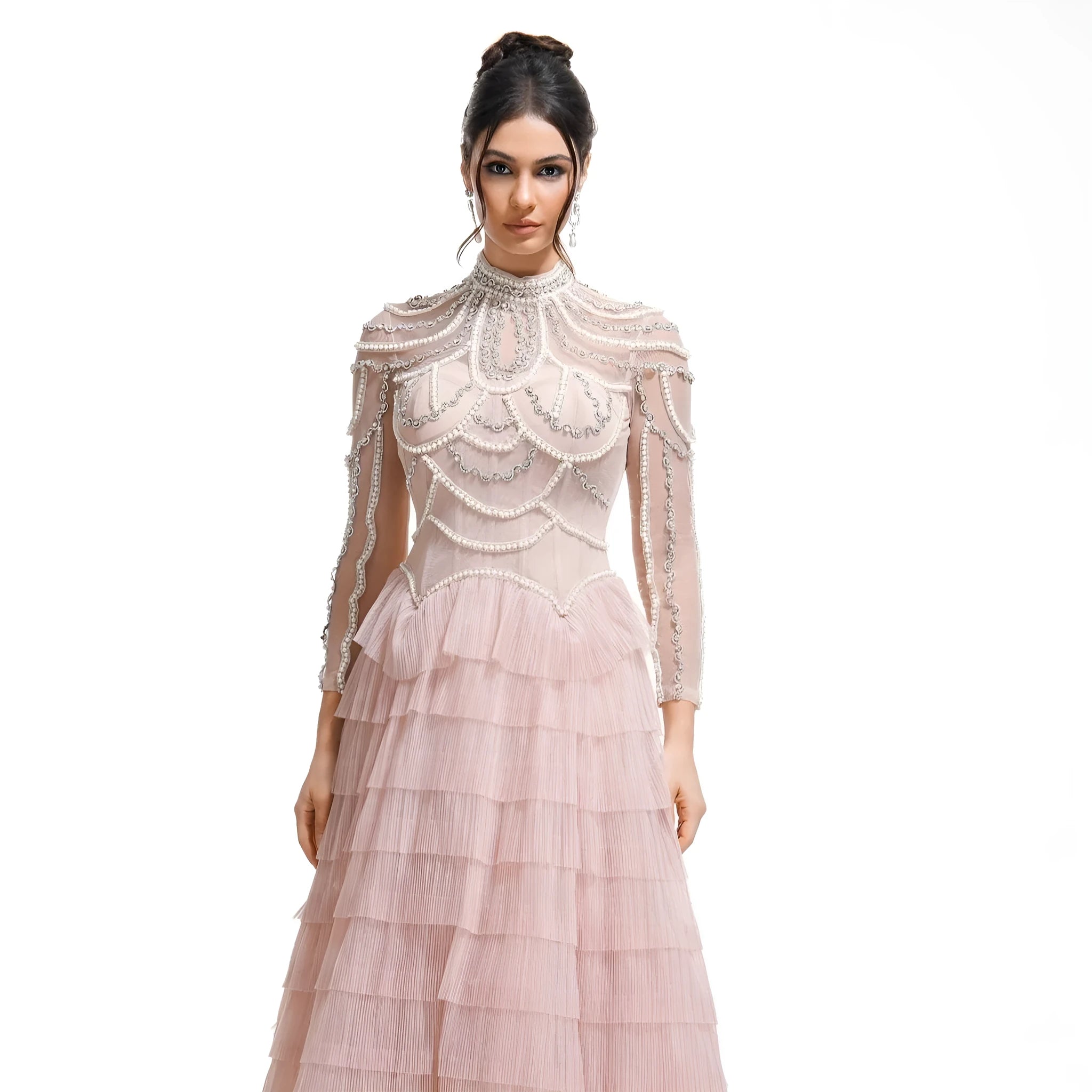 Women's long sleeve beaded polyester dress in black or pink with mid waist design