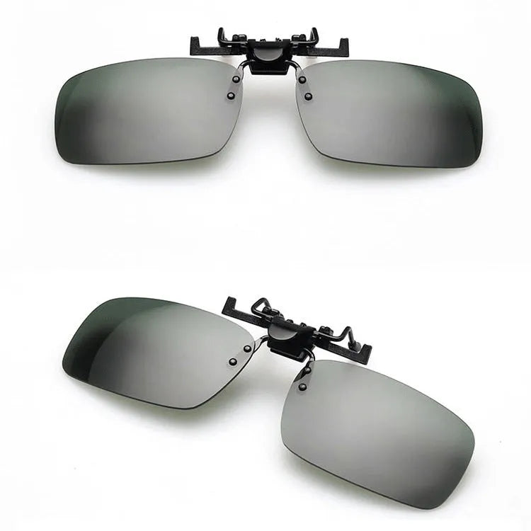 Clip-on driving sunglasses with plastic frame in grey, dark green, and night vision lens options.