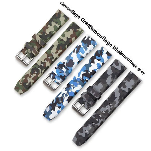 Green camouflage silicone watch strap showing flat head design and buckle, next to 20mm 22mm 24mm size indicators.