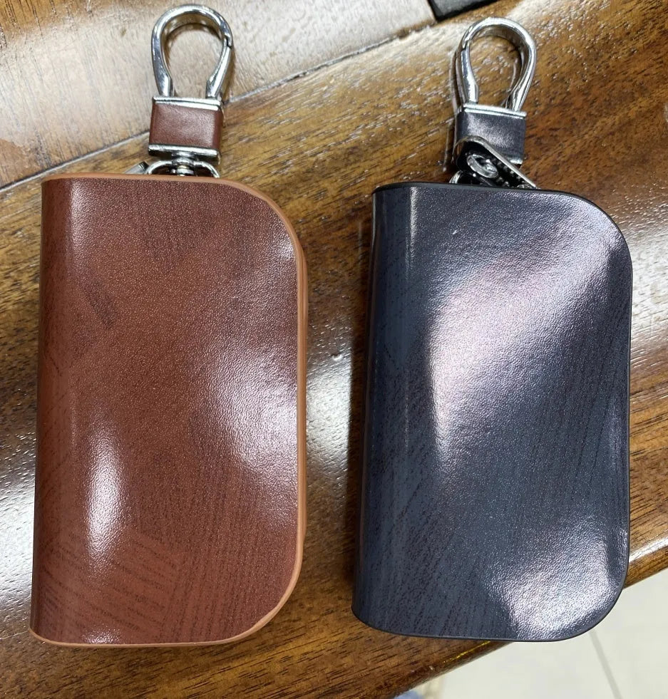 Genuine soft cowhide leather car key case in black or brown with frosted finish