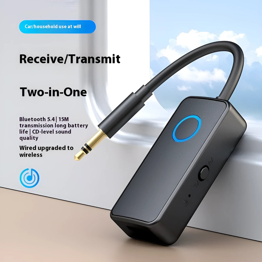 Black Bluetooth 5.4 audio adapter with flexible 3.5mm plug for wireless conversion of car stereos and speakers