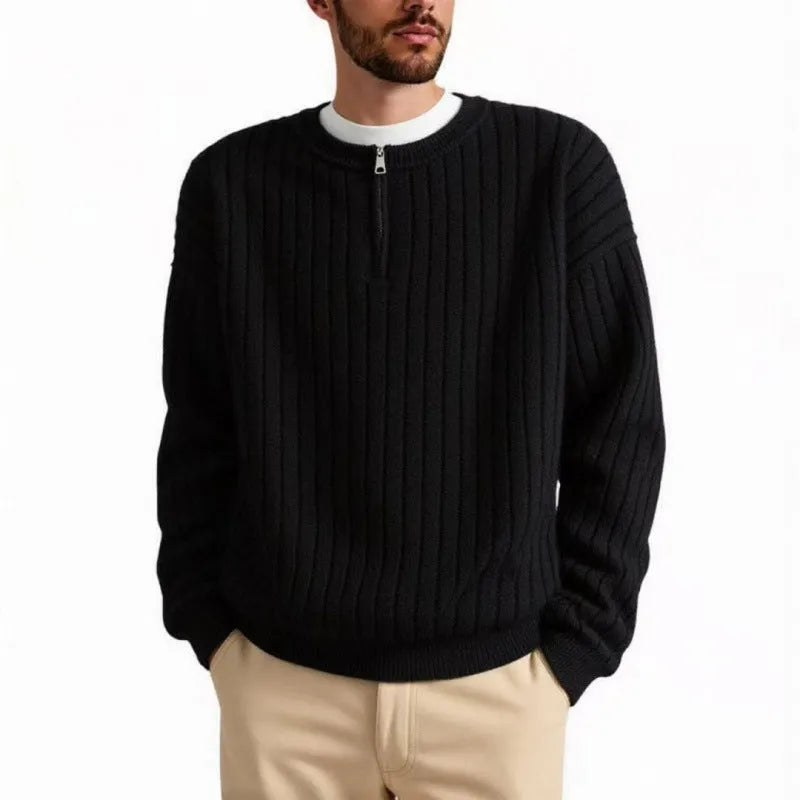 Men's grey half zip sweater with textured knit and loose fit design