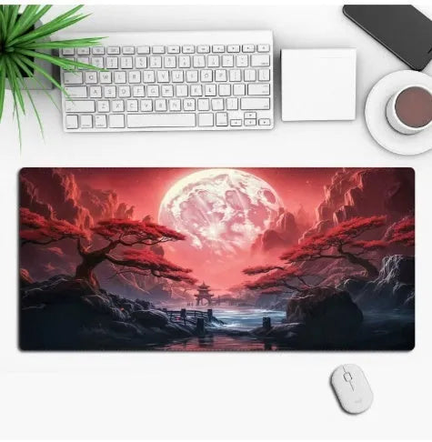 Hot anime series gaming mouse pad with colourful graphic, shown on a desk with a mouse.