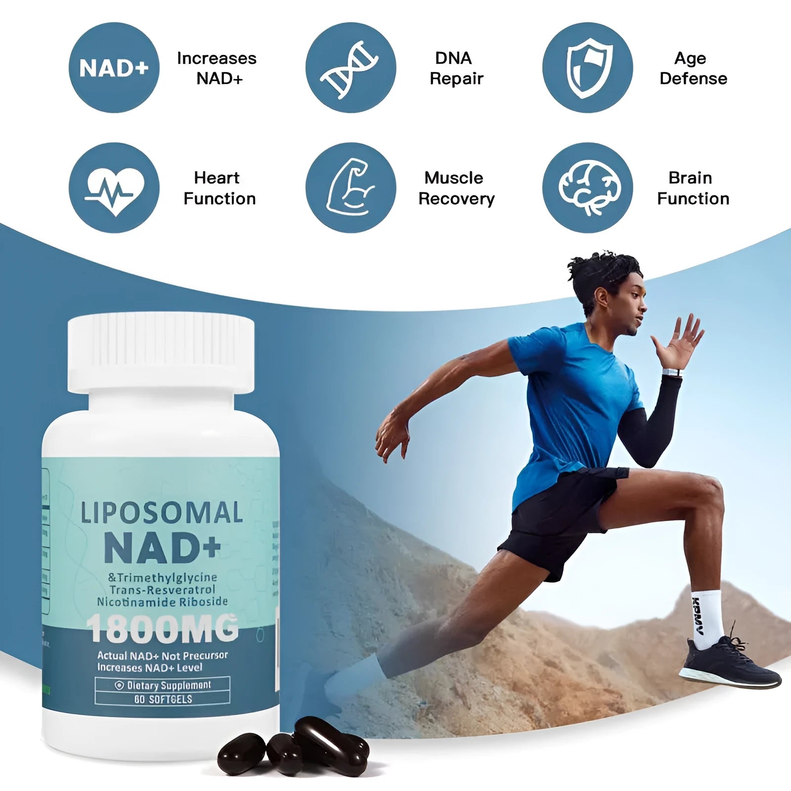 Nicotinamide mononucleotide gel capsules in bottle packaging with 60 or 120 piece options