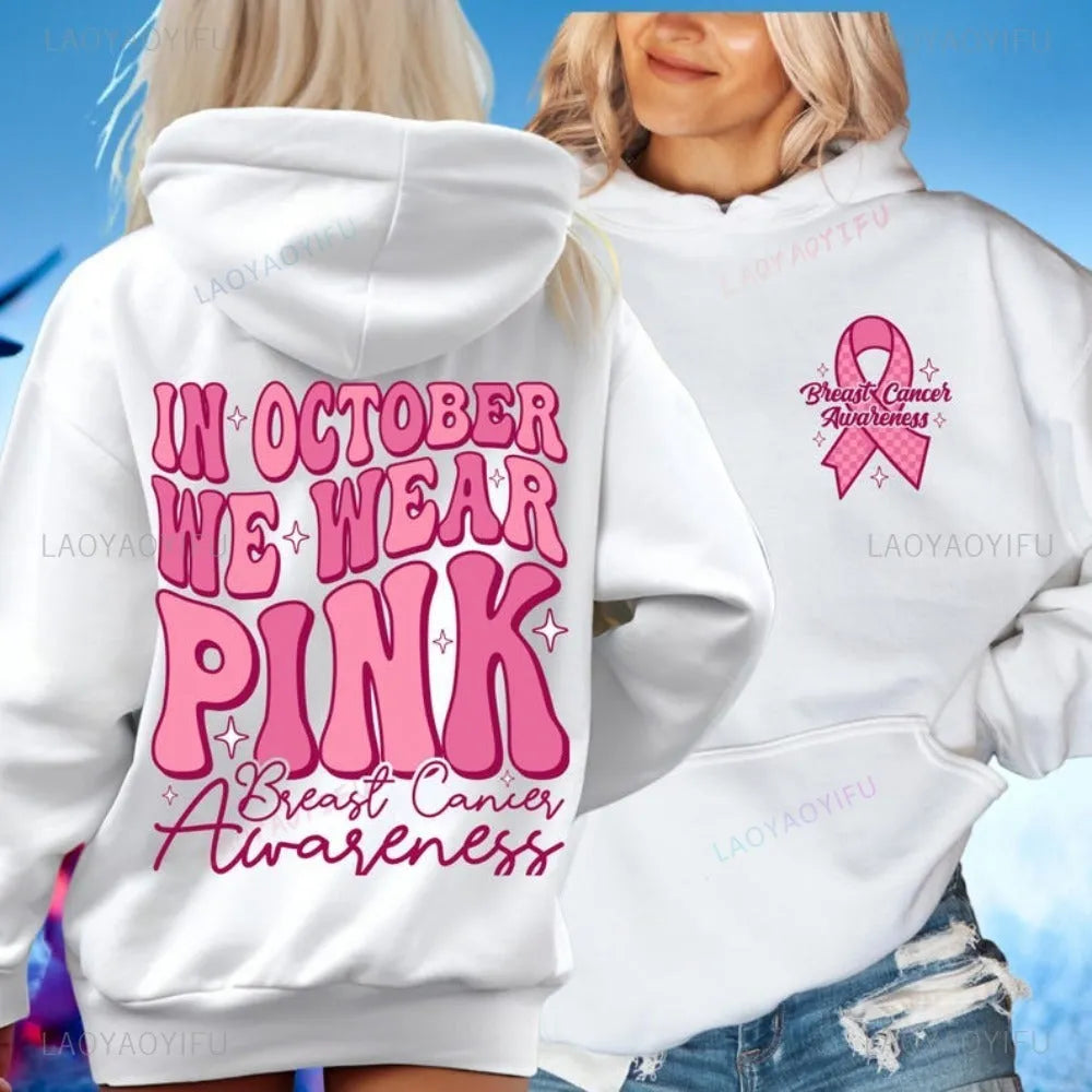 Pink breast cancer awareness pullover hoodie with a retro hot stamping pattern and a side seam pocket.