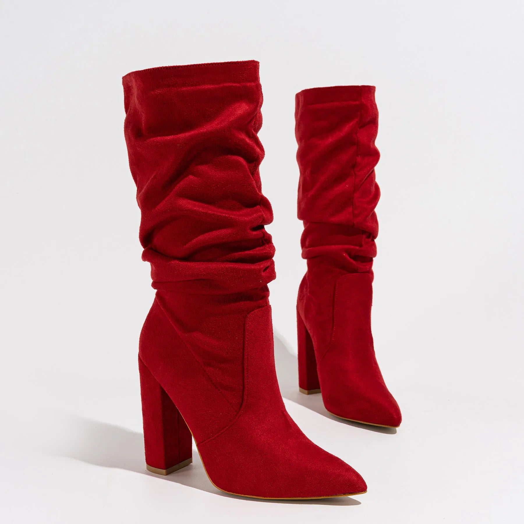Women's chunky heel pointed toe ankle boots in suede available in black, apricot and red colours