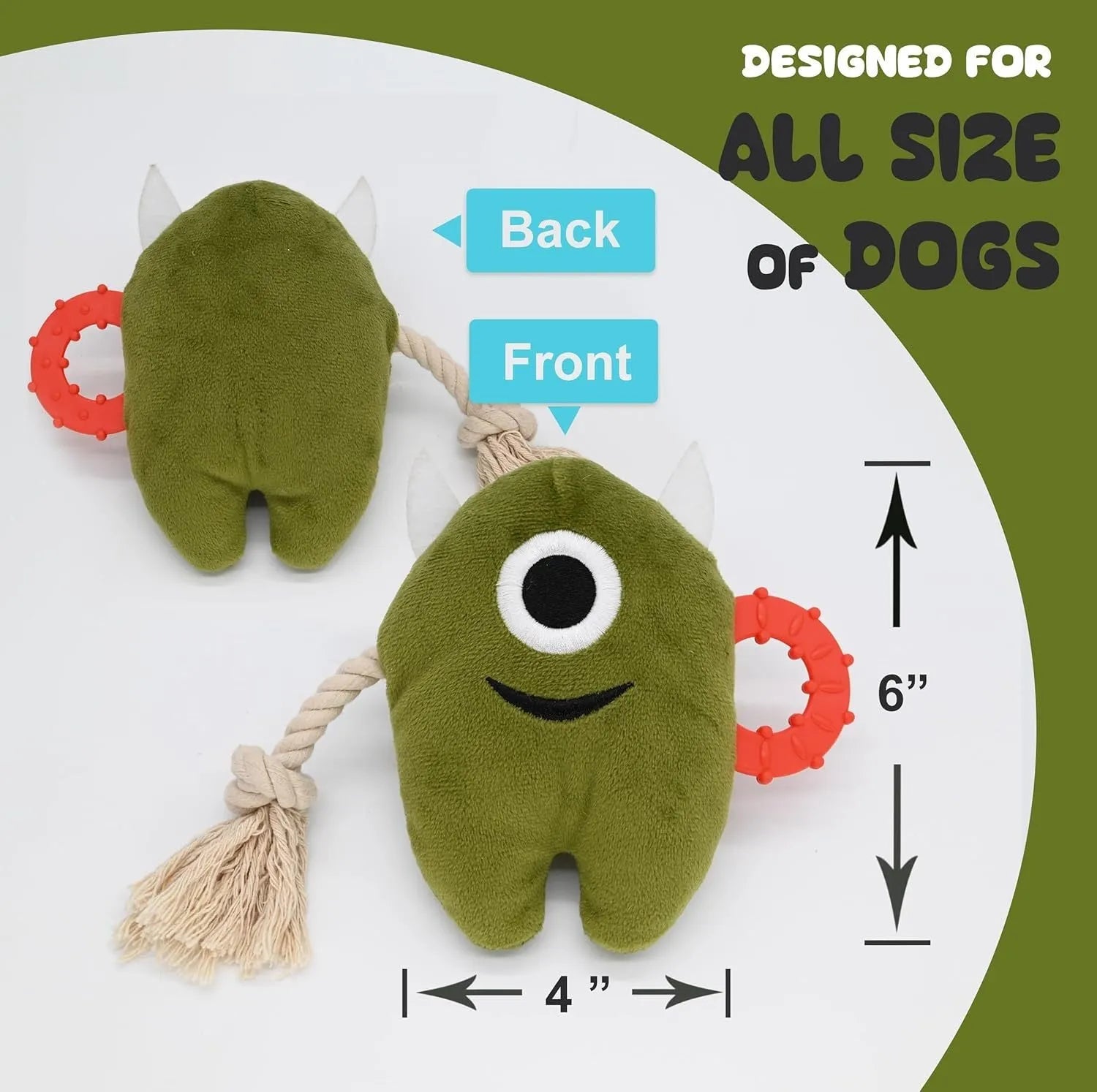 Blue or green monster plush dog toy with integrated cotton rope tug sections and a squeaker.