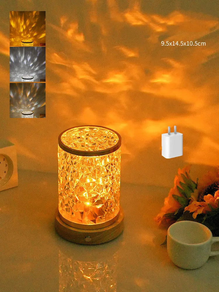 Small rotating water ripple night light with acrylic shade on solid wood base