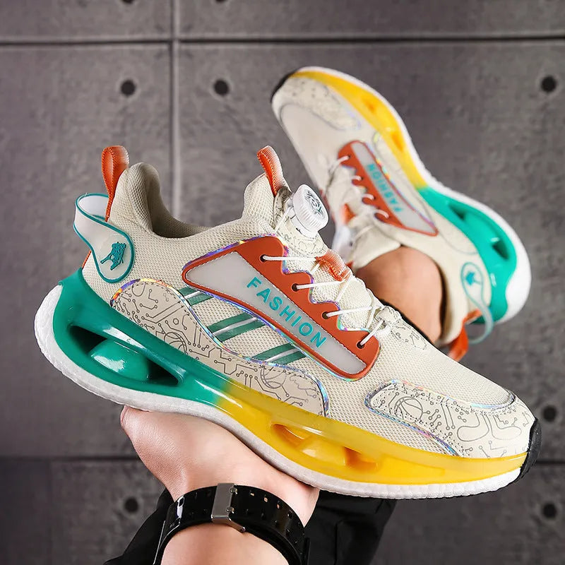 Men's low-top mesh sports shoes in beige orange with an elastic band closure and a textured Popcorn TPU sole.