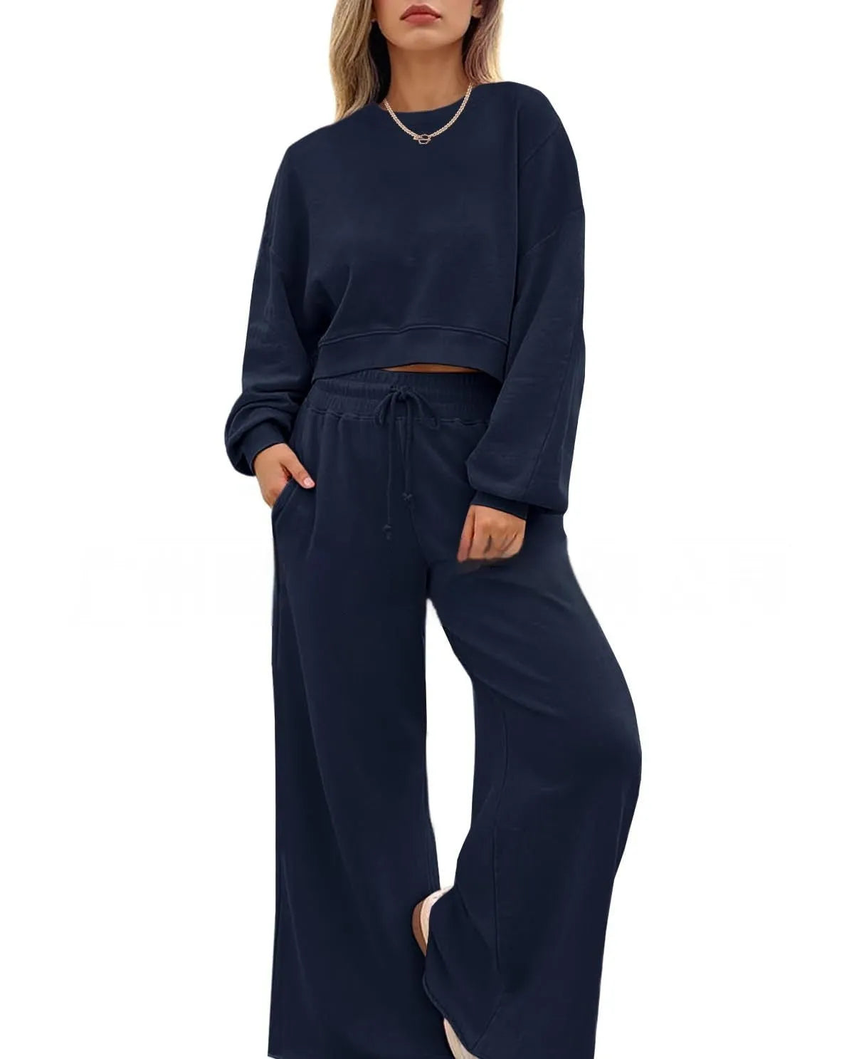 Women's polyester two-piece trousers set in solid colours with long sleeves