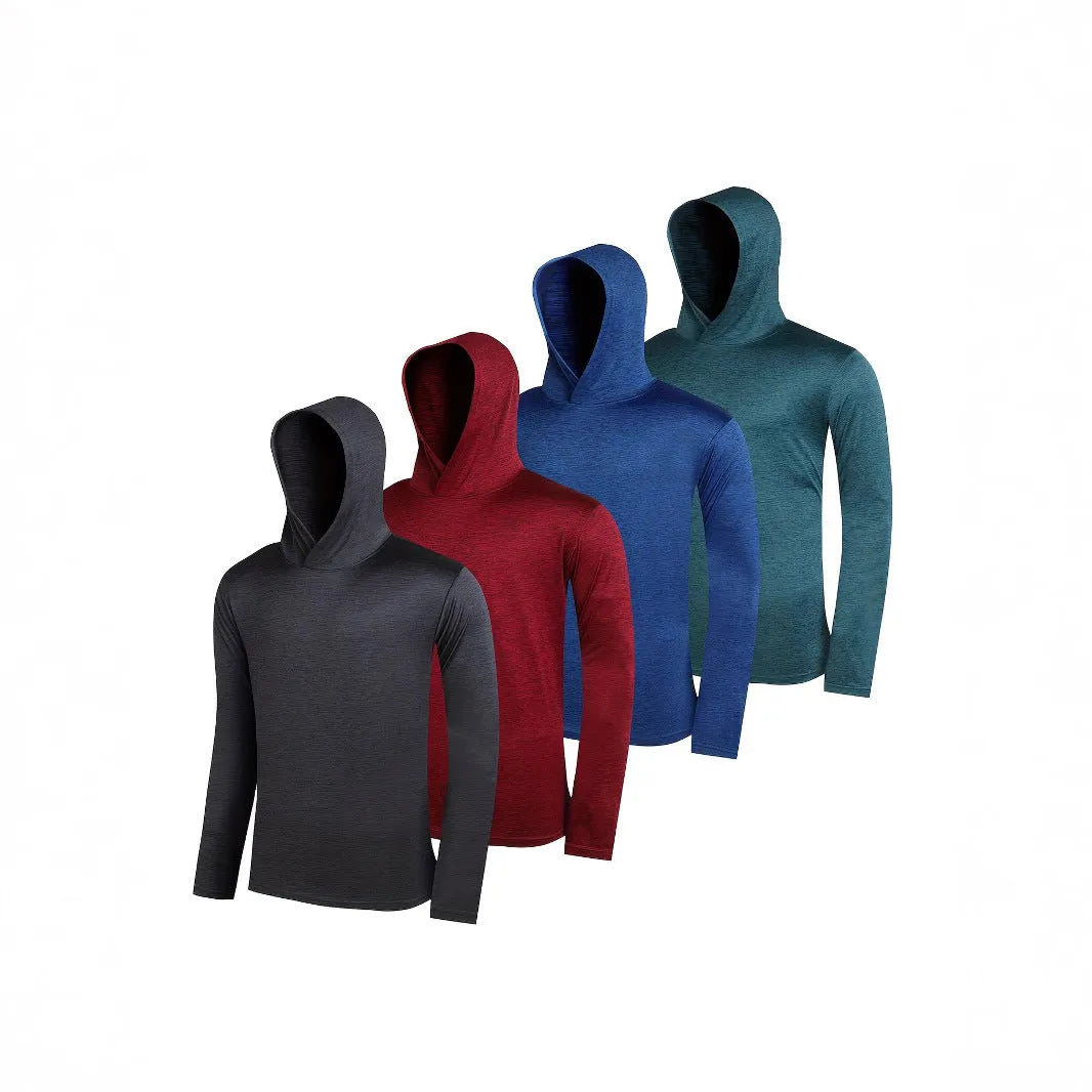 A stack of four men's lightweight polyester hoodies in various colours, showing both hooded and non-hooded styles.